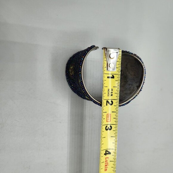 Seed Bead Peacock Toned Hammered Metal Bracelet Bangle Cuff 2" Adjusts to Fit - Picture 7 of 8